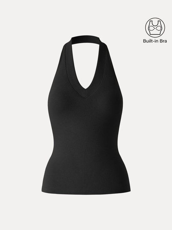 OGL Tops - OGL Black Ribbed Halter Tank with V-Neck and Built-In Bra NWT